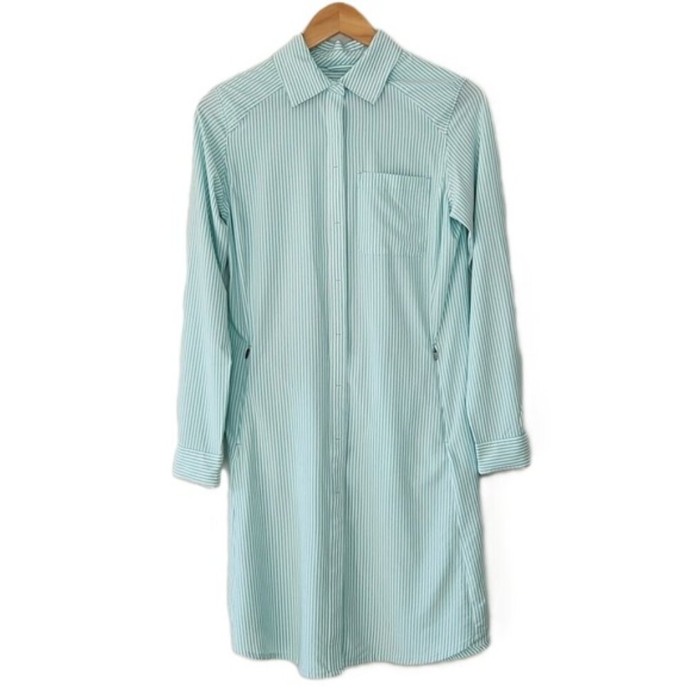 Coolibar UPF 50+ Green White Malta Travel Sun Protection Shirt Dress XS Stripes